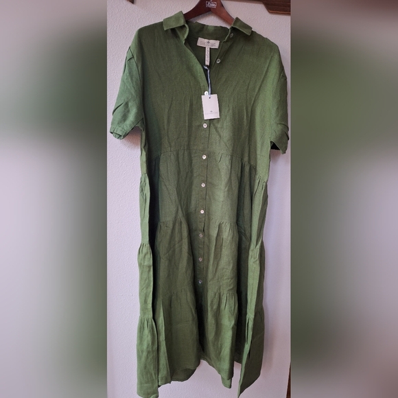 NWT Crown Linen Designs 100% Linen Midi Dress Green Womens Size L - Picture 1 of 8